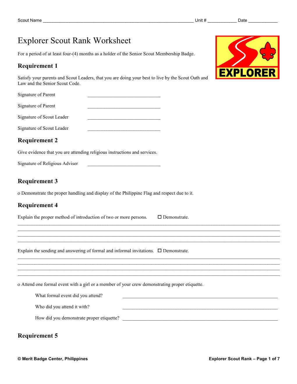 Explorer Scout Rank Worksheet