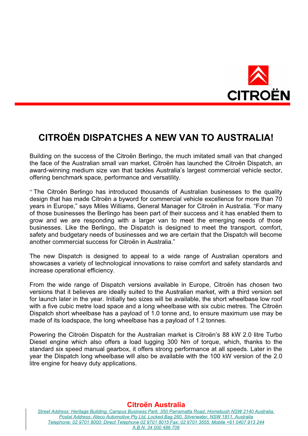 Citroën Dispatches a New Van to Australia!