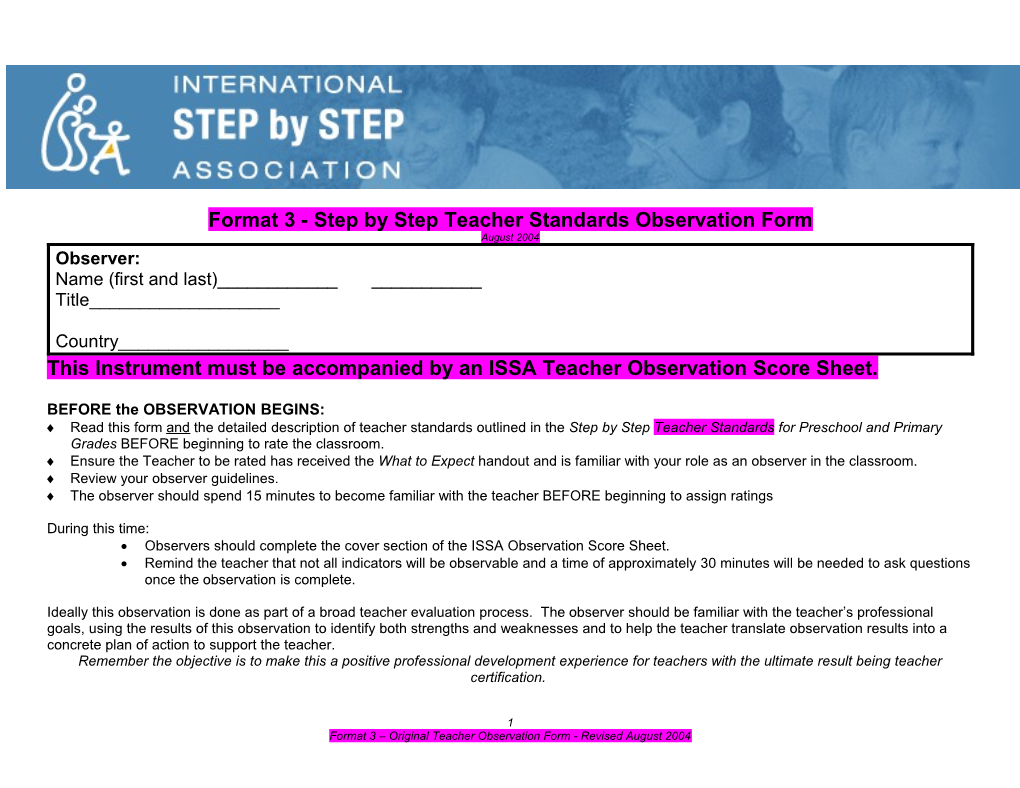 Step by Step Teacher Standards Observation Form