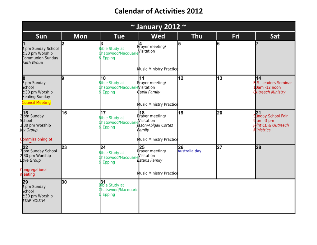 2012 Full Year Calendar Template