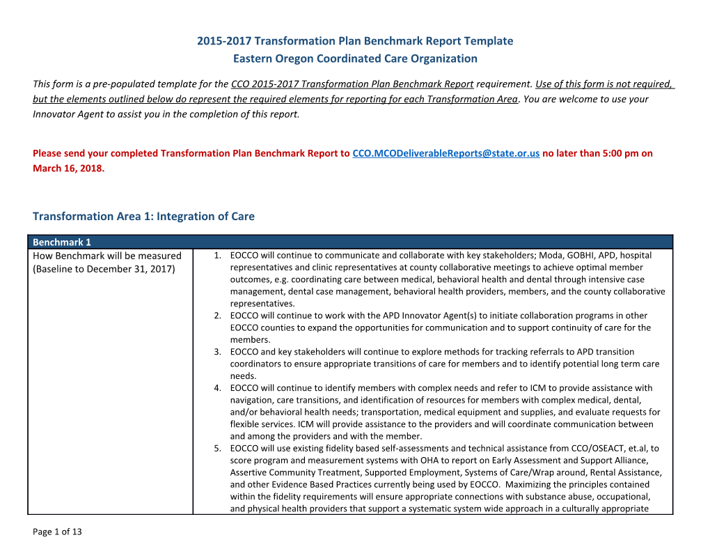 2015-2017 Transformation Plan Benchmark Report Template Eastern Oregon Coordinated Care