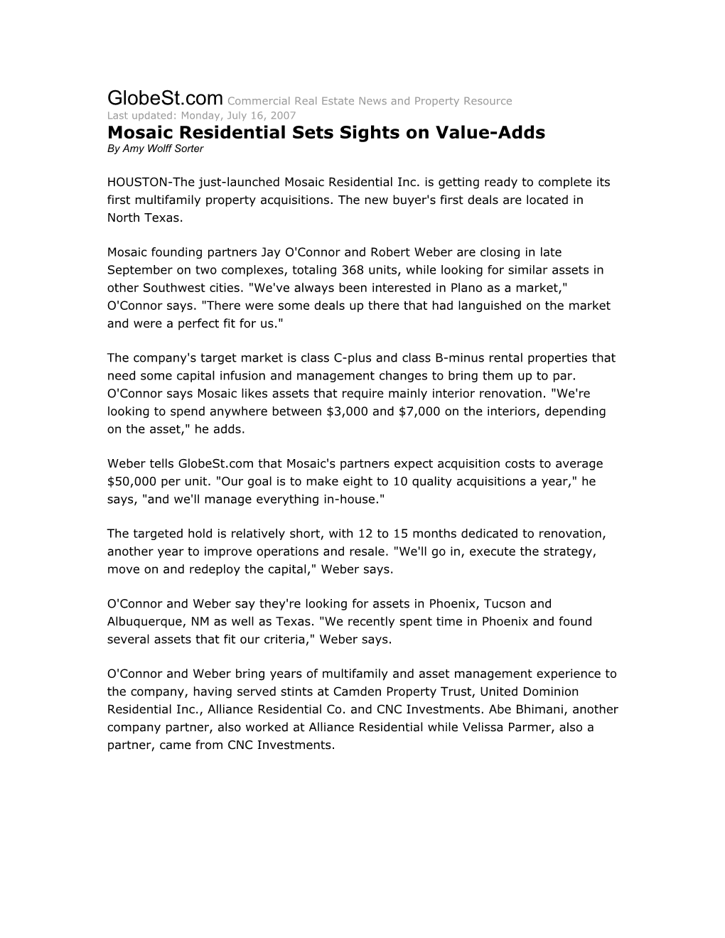 Mosaic Residential Sets Sights on Value-Adds