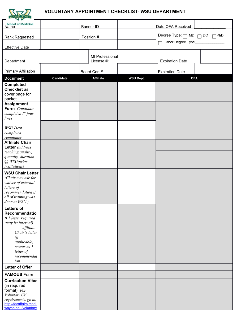 Voluntary Appointment Checklist- Wsu Department