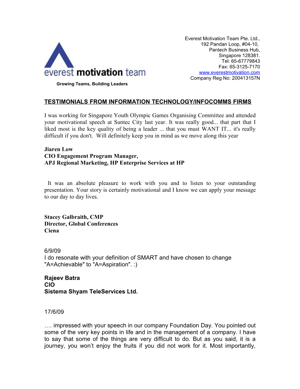 Testimonials from Information Technology/Infocomms Firms