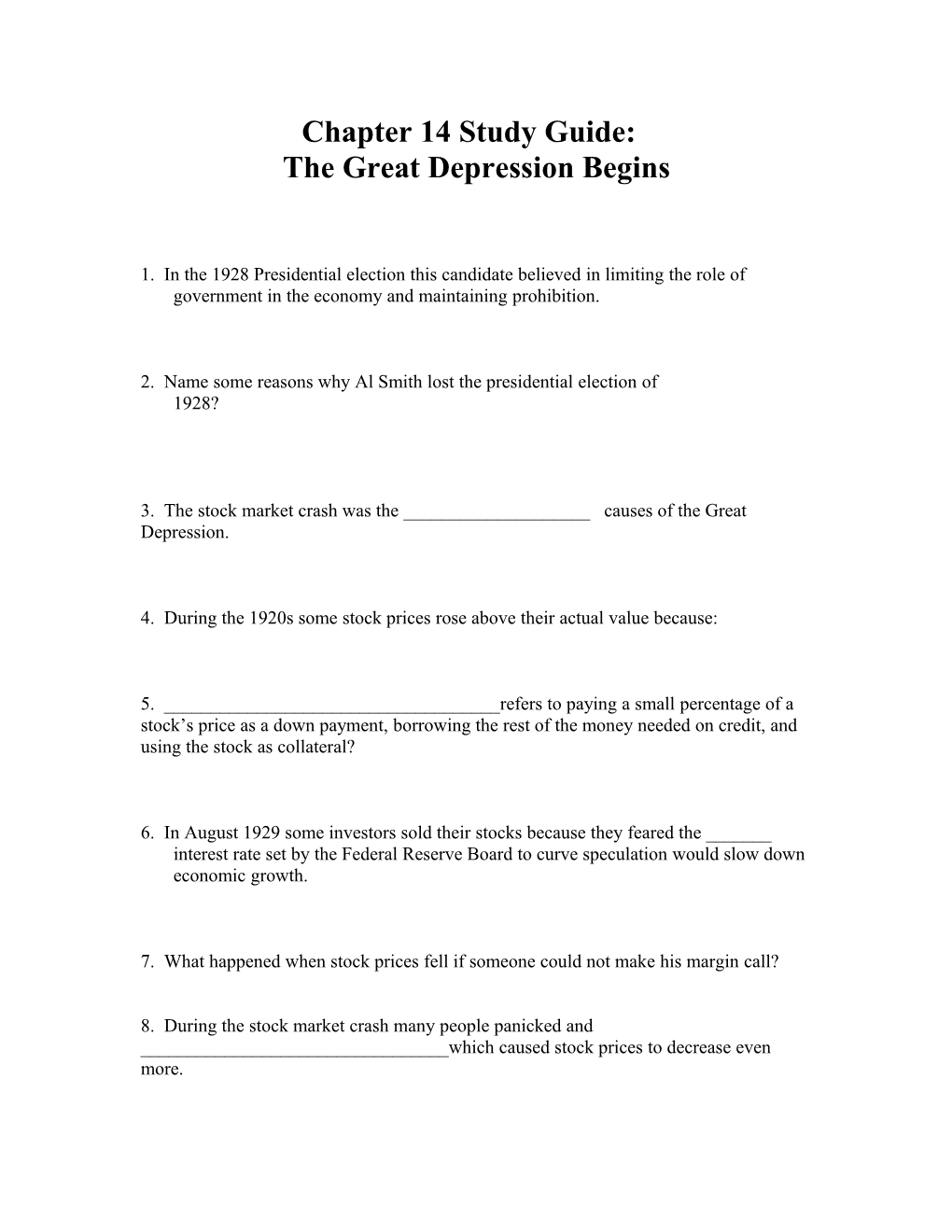 Chapter 14 Test: the Great Depression Begins 1929-1933