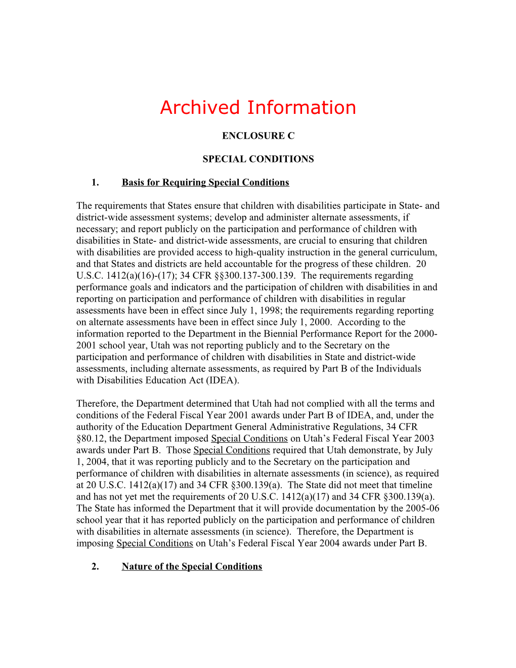 Archived: 2004 Utah Individuals with Disabilities Act (IDEA) Part B Special Conditions