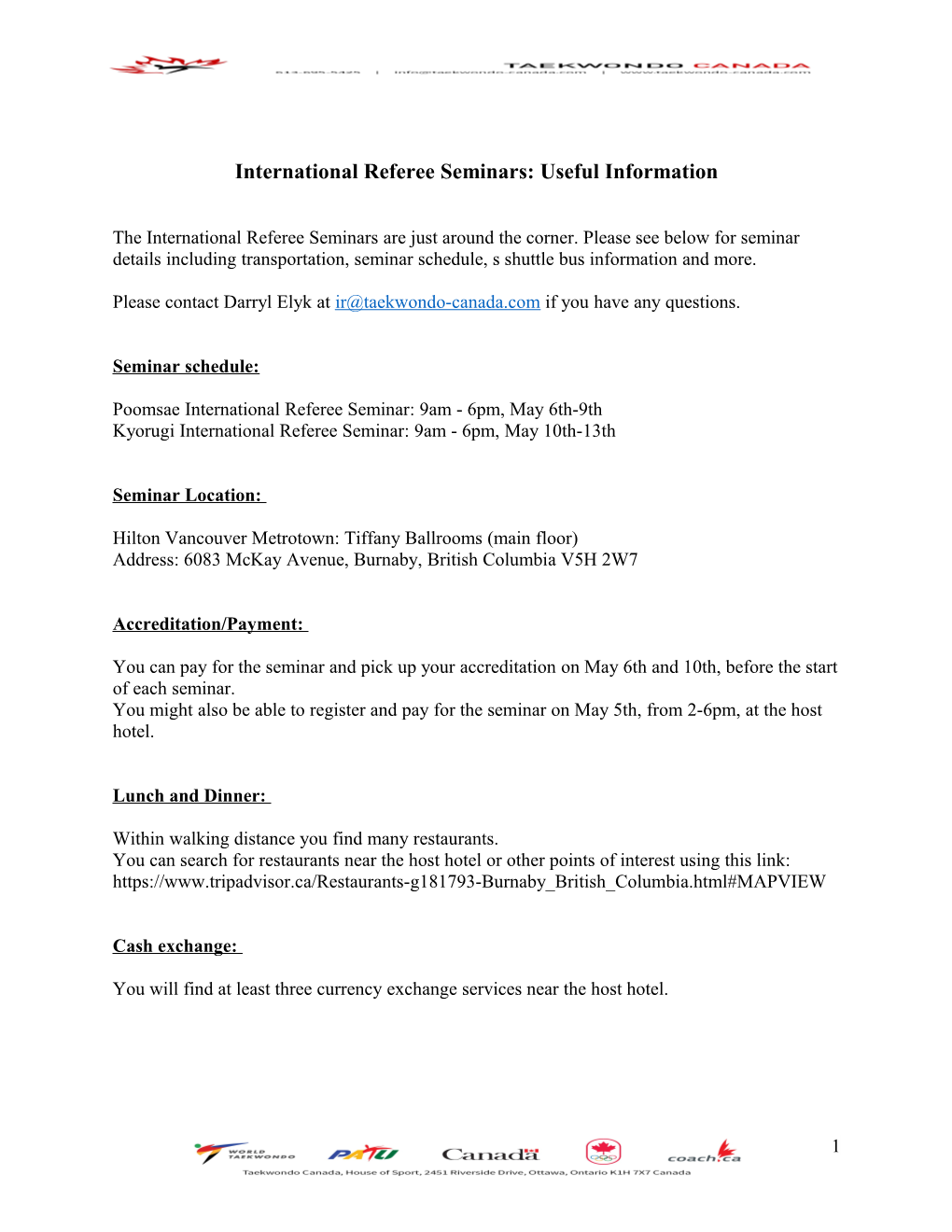 International Referee Seminars: Useful Information