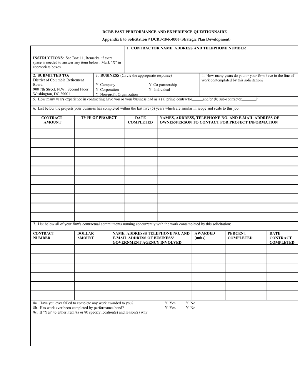 Contractor Experience Questionnaire Form