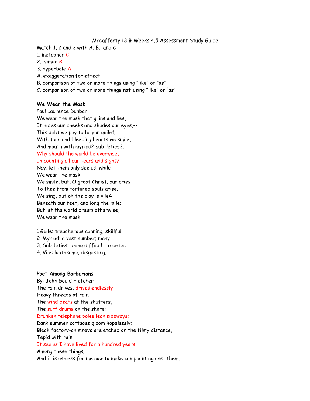 Mccafferty 13 Weeks 4.5 Assessment Study Guide