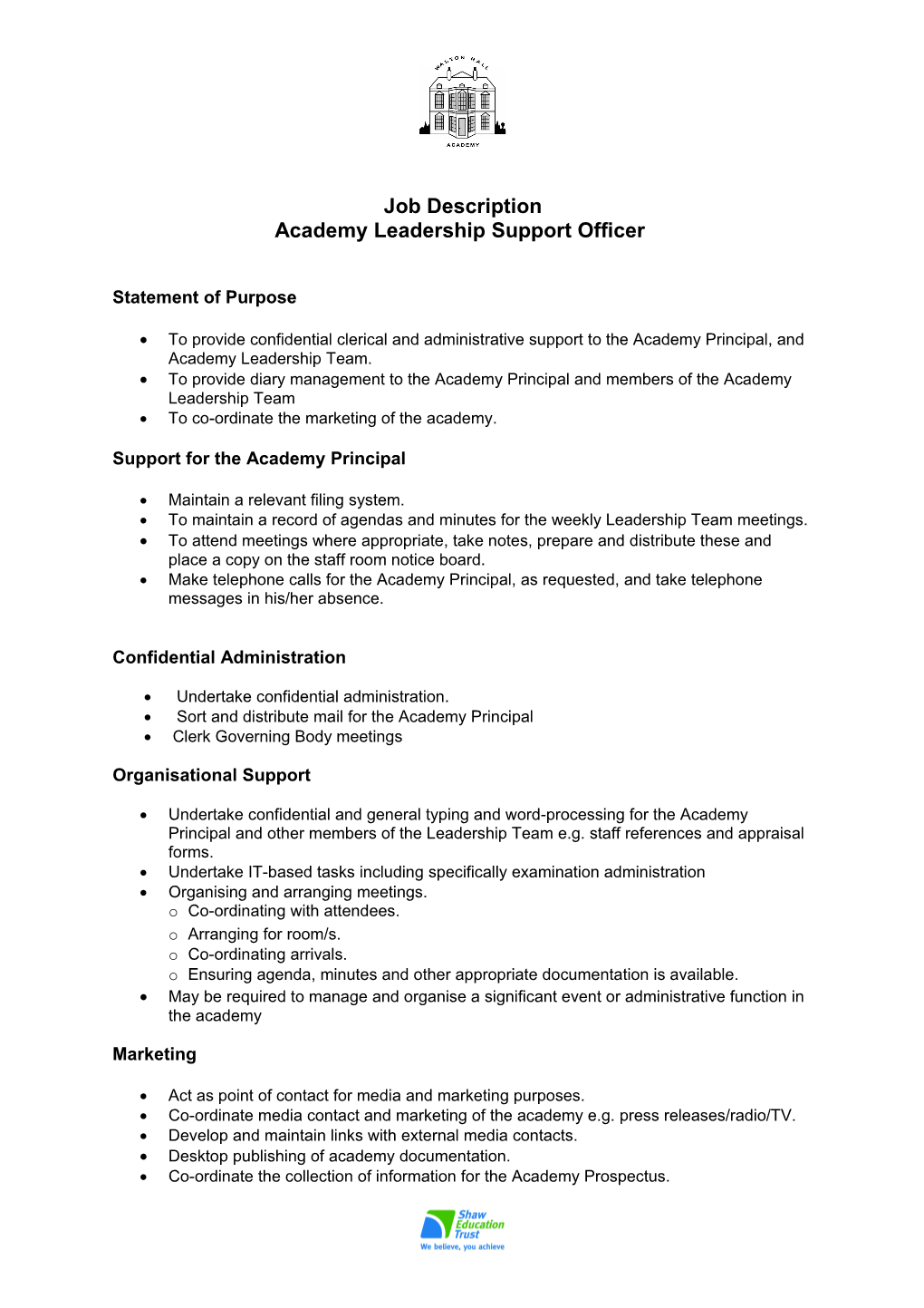 Academy Leadership Support Officer