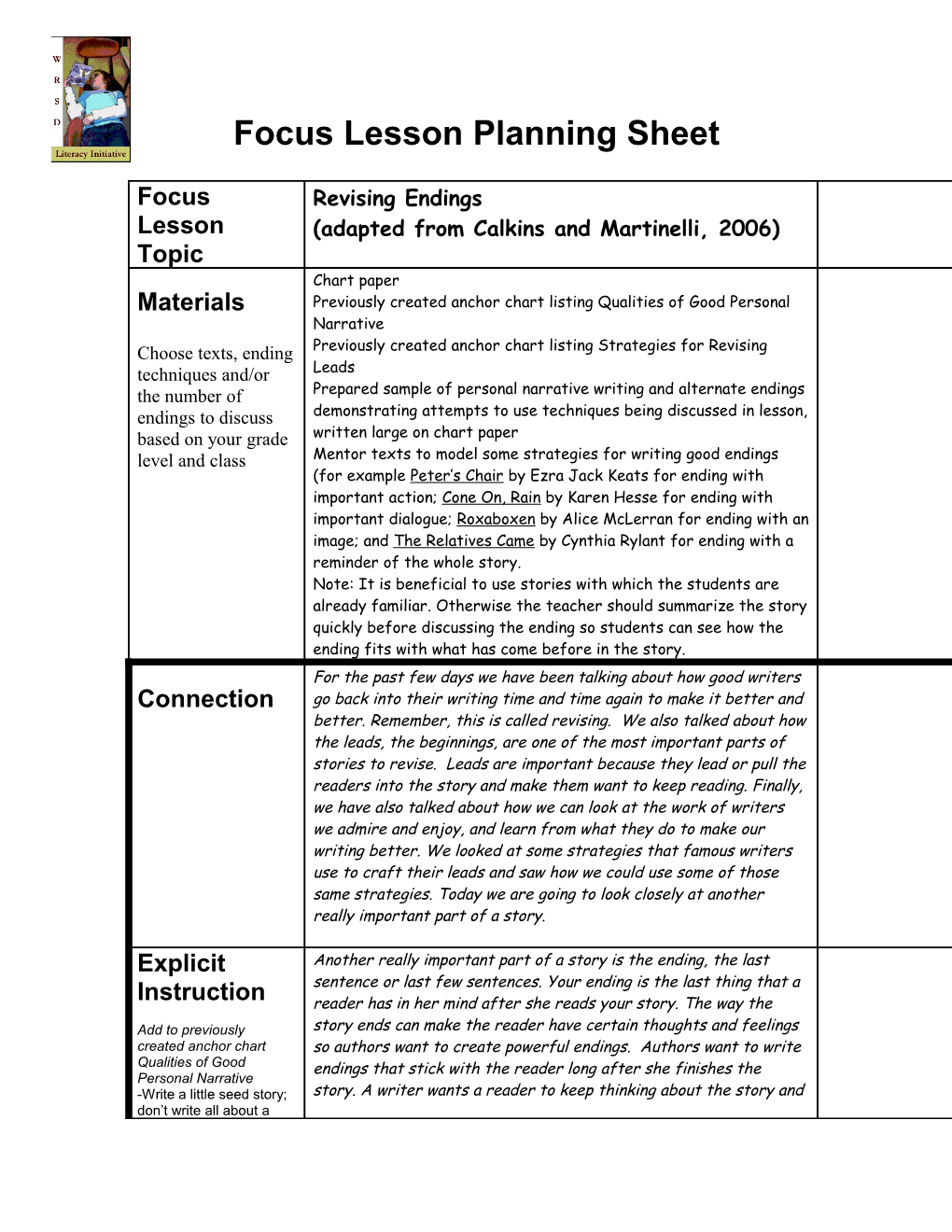 Focus Lesson Planning Sheet s6