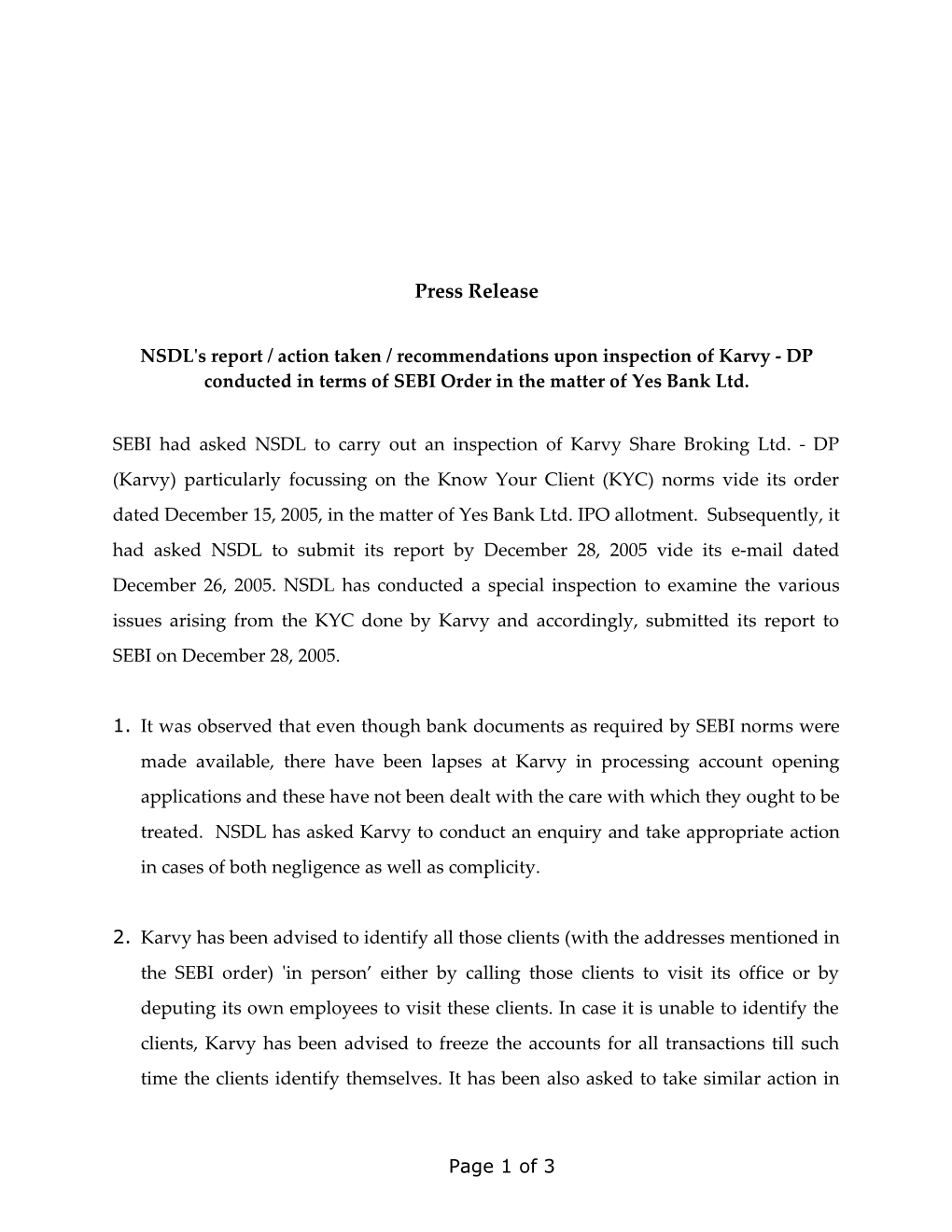 NSDL's Report / Action Taken / Recommendations Upon Inspection of Karvy - DP Conducted