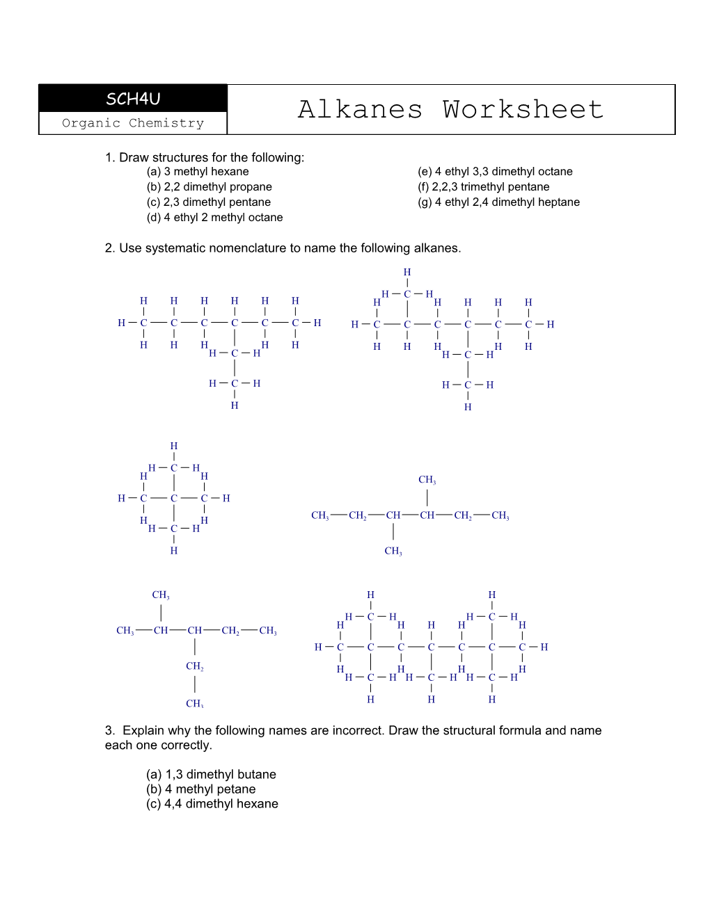 Stage 1 Chemistry: Alkanes Worksheet