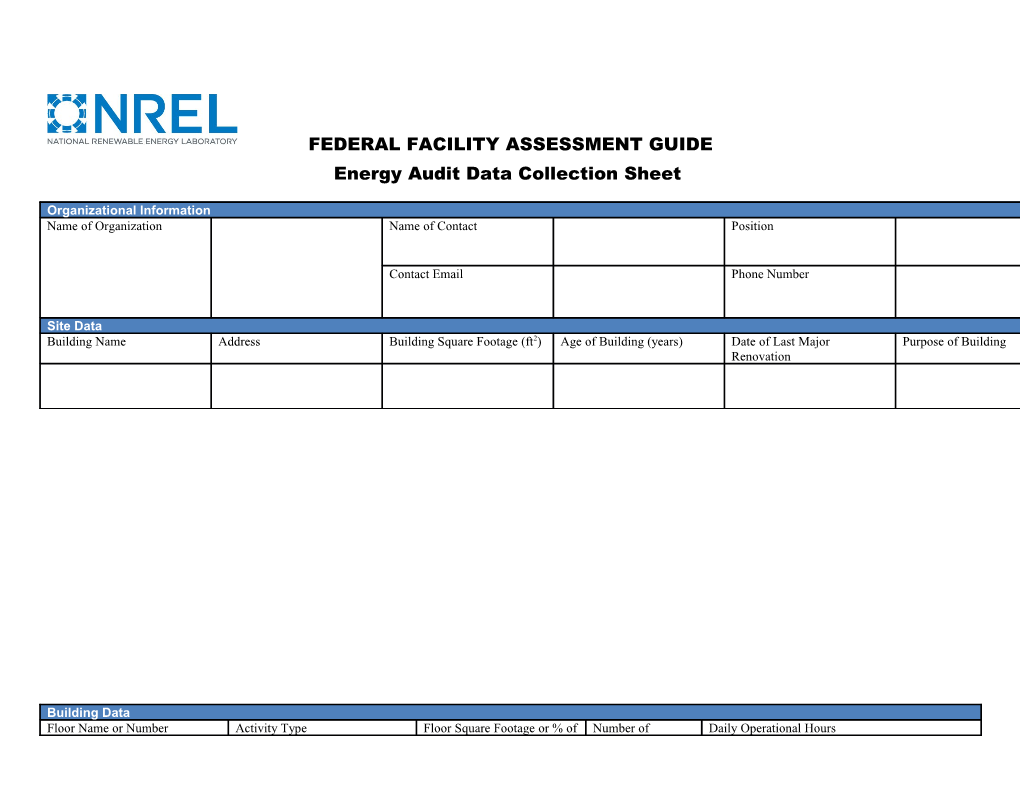 FEDERAL FACILITY ASSESSMENT GUIDE Energy Audit Data Collection Sheet