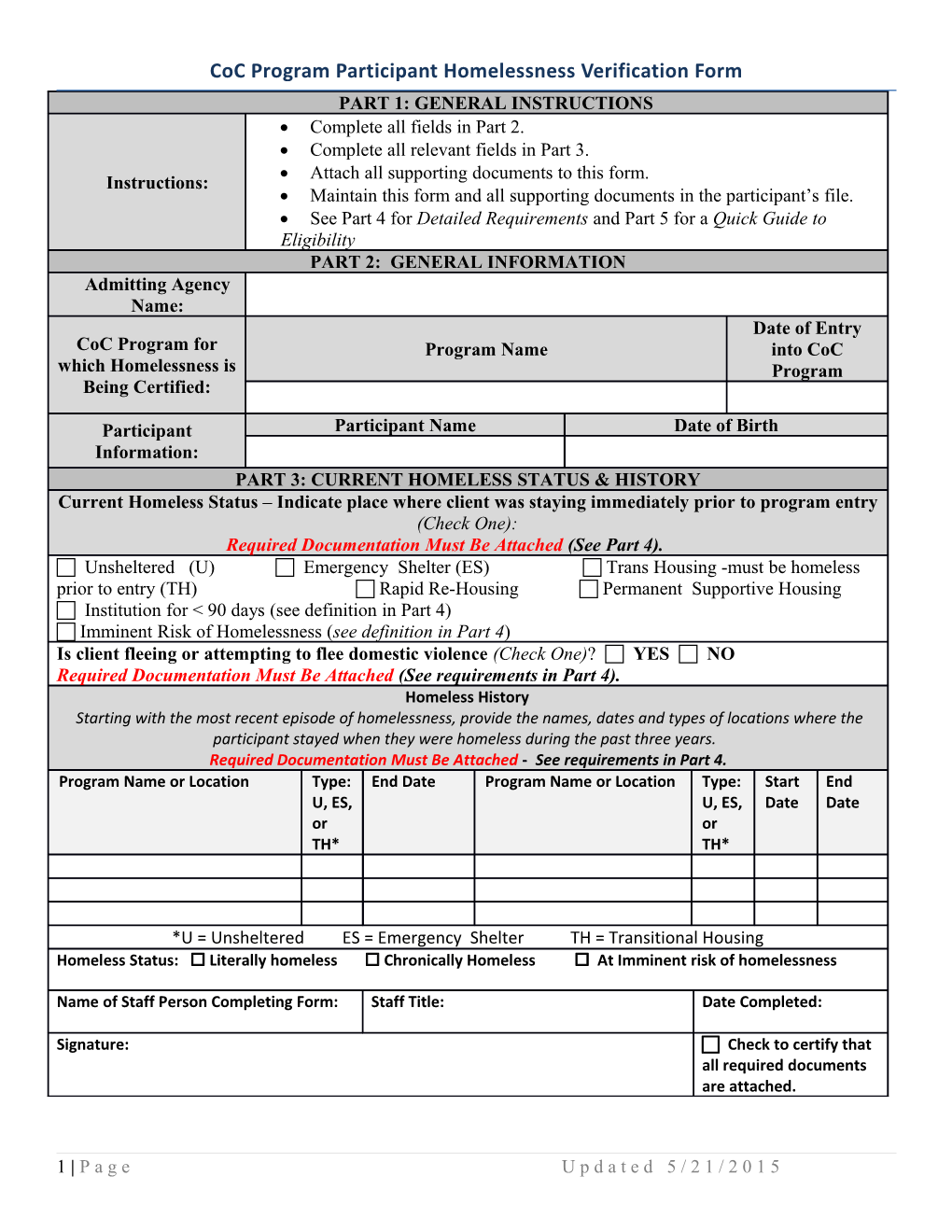 Coc Program Participant Homelessness Verification Form