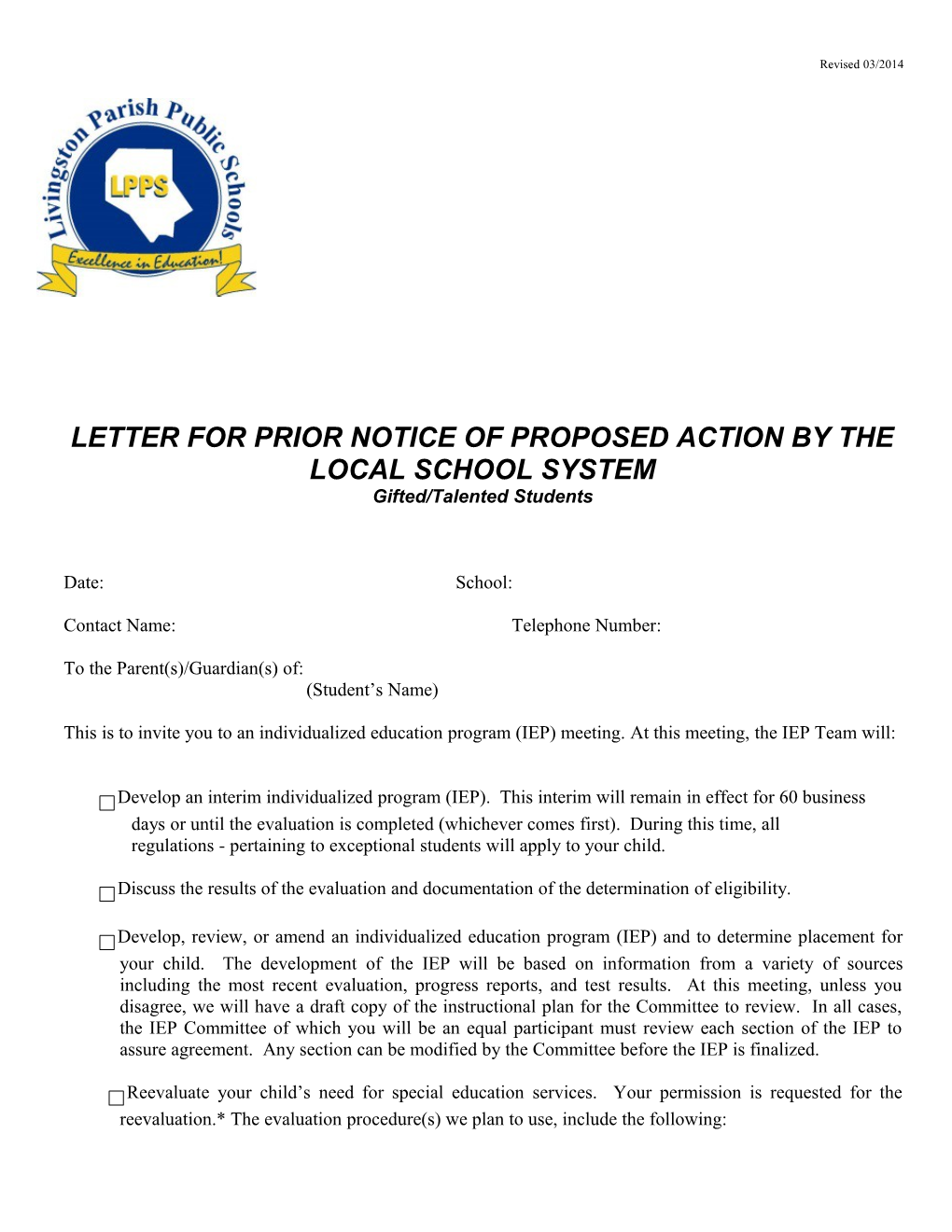 Letter for Prior Notice Of