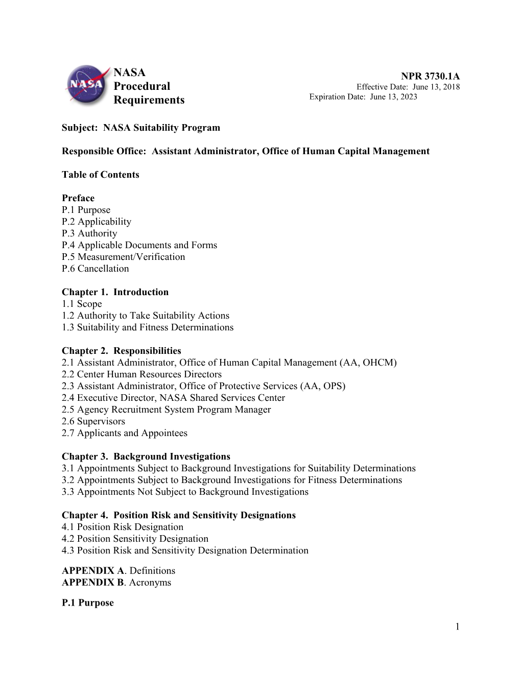 Subject: NASA Suitability Program