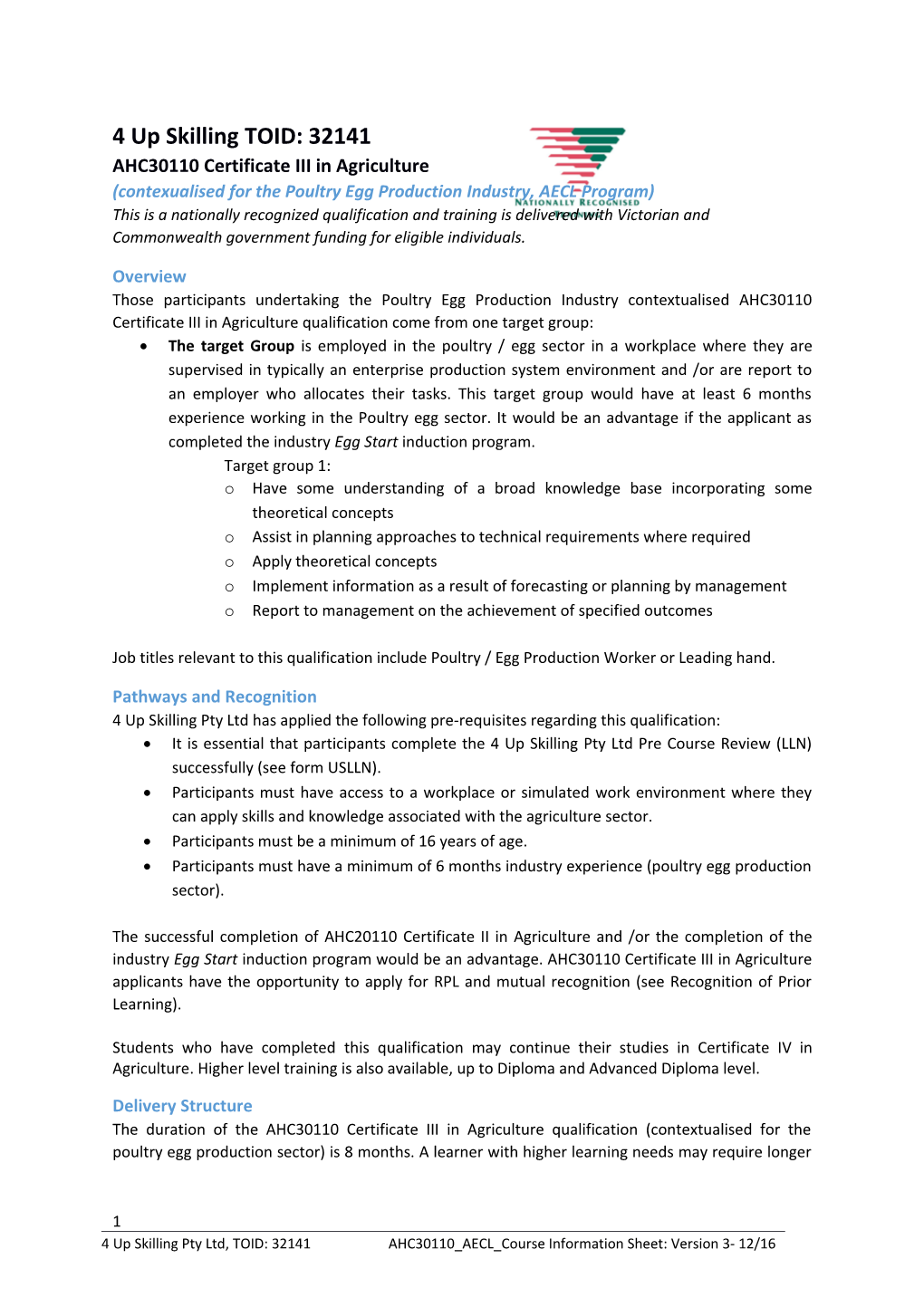 Contexualised for the Poultry Egg Production Industry, AECL Program