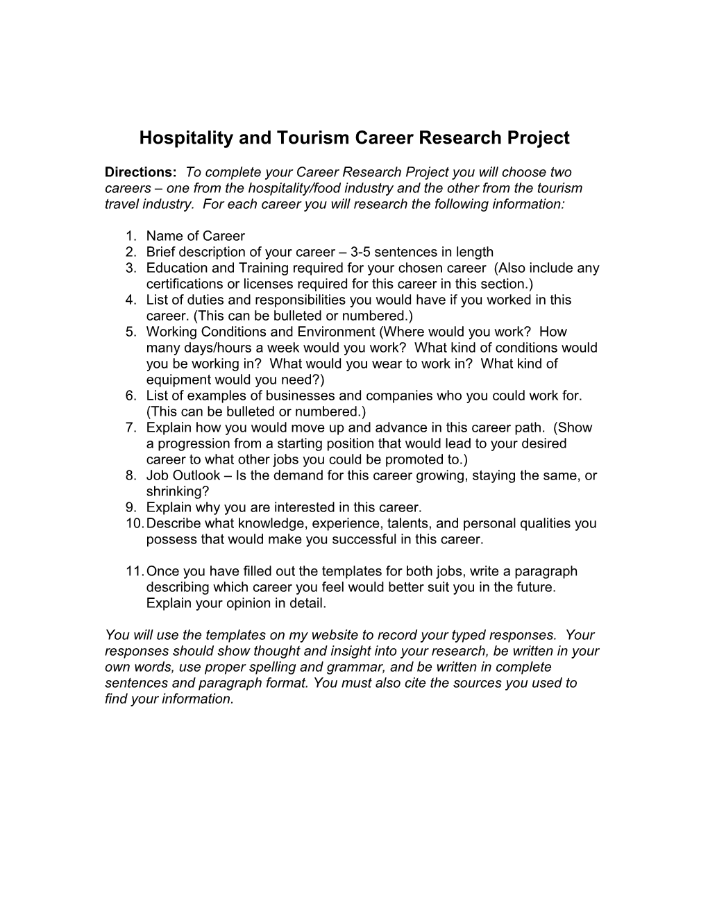 Hospitality And Tourism Career Research Project