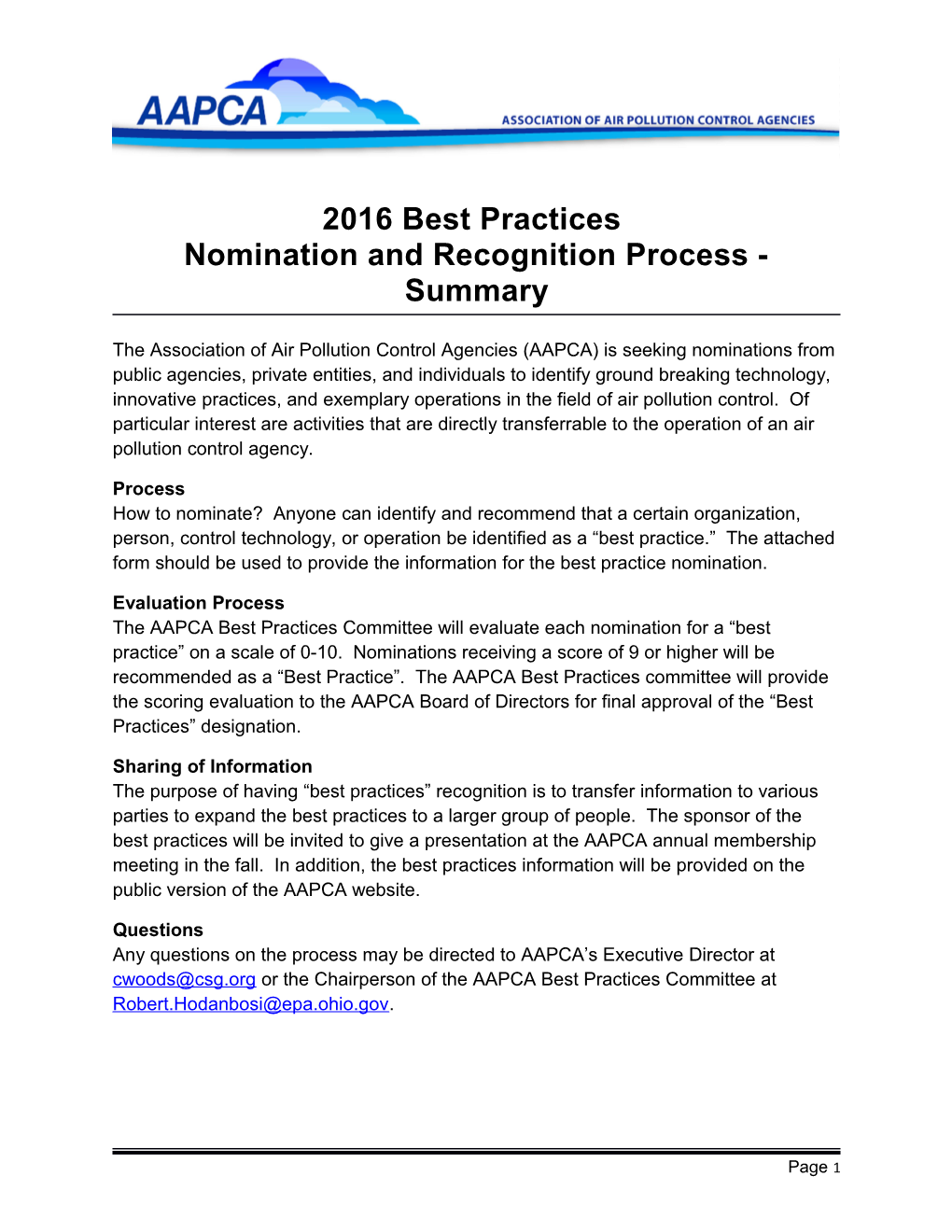 2016 Best Practices Nomination and Recognition Process - Summary