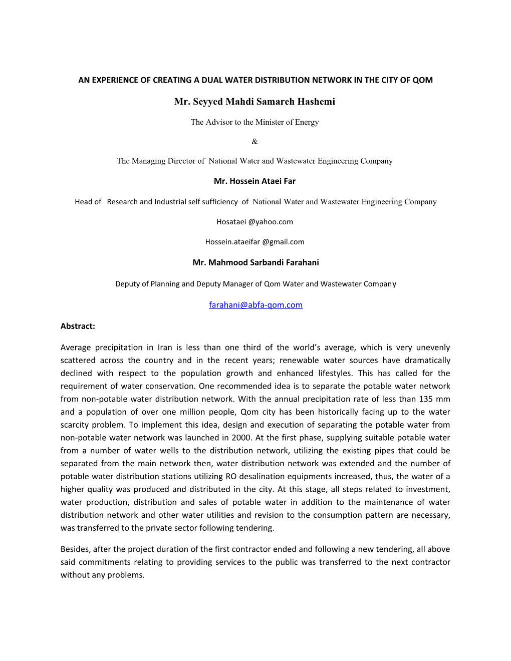 An Experience of Creating a Dual Water Distribution Network in the City of Qom