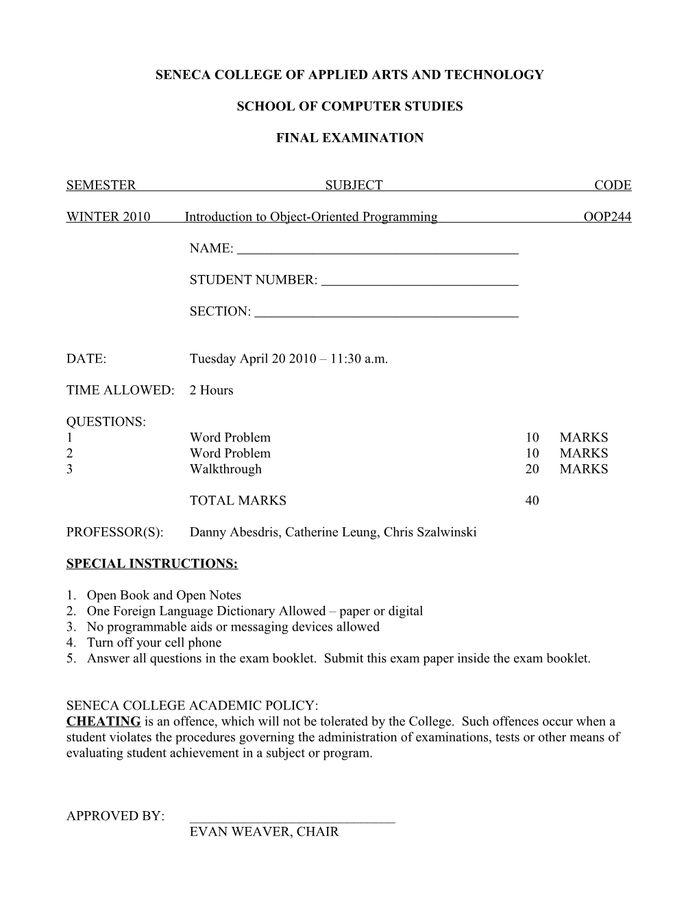 Exam Cover Sheet