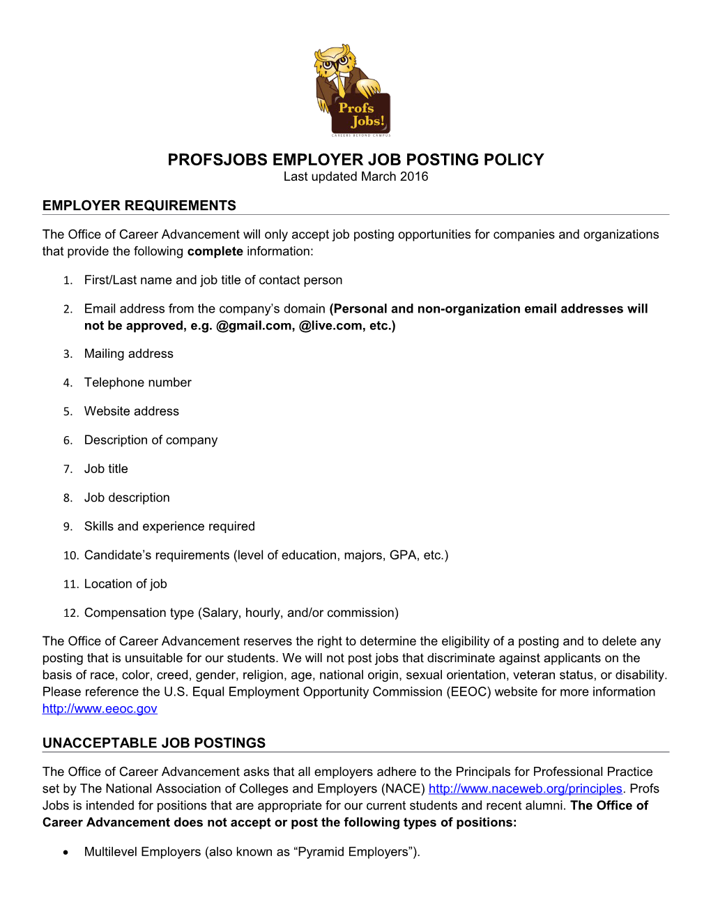 Profsjobs Employer Job Posting Policy