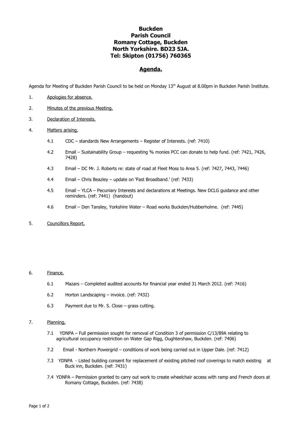 Agenda for Meeting of Buckden Parish Council to Be Held on Monday 11Th September at 8 s1