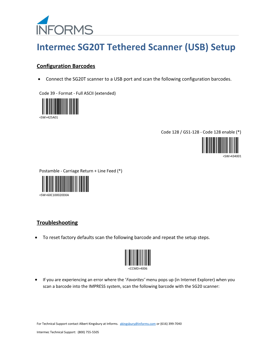Intermec SG20T Tethered Scanner (USB) Setup