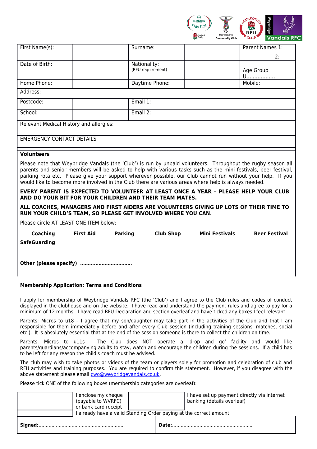 Weybridge Vandals RFC Mini/Junior Registration Form 2007-2008