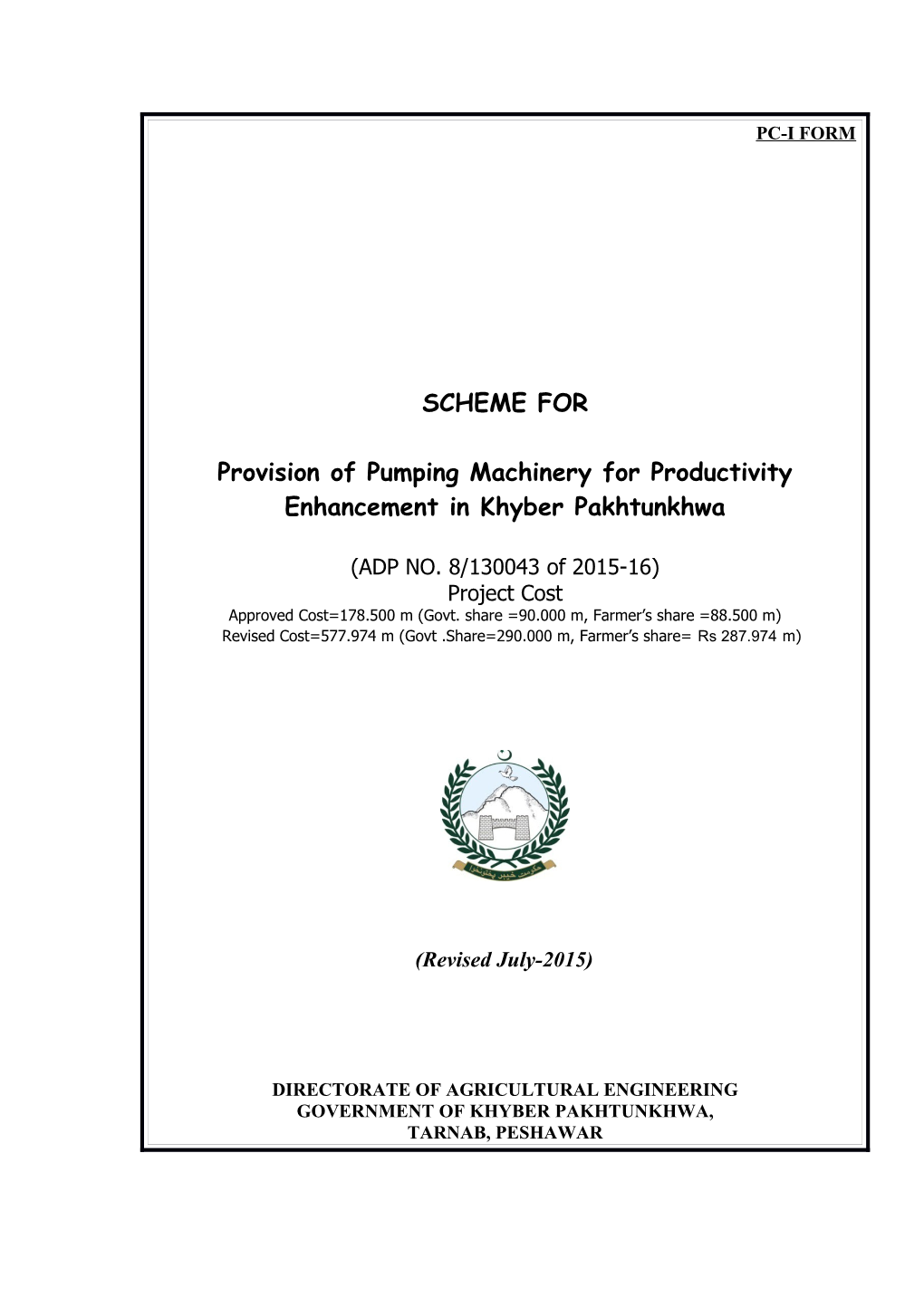 Provision of Pumping Machinery for Productivity Enhancement in Khyber Pakhtunkhwa