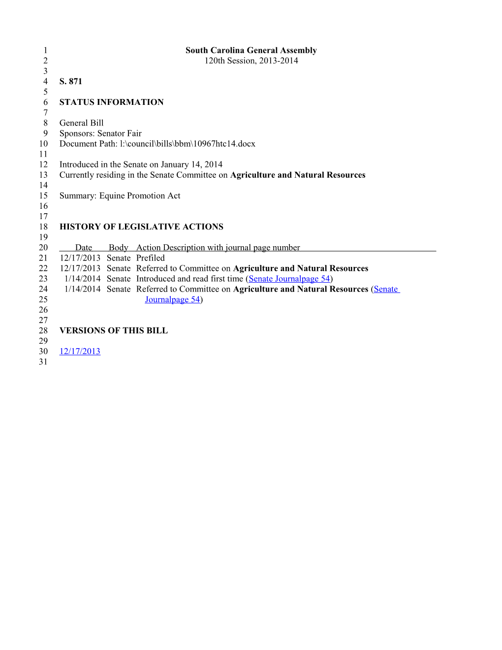 2013-2014 Bill 871: Equine Promotion Act - South Carolina Legislature Online