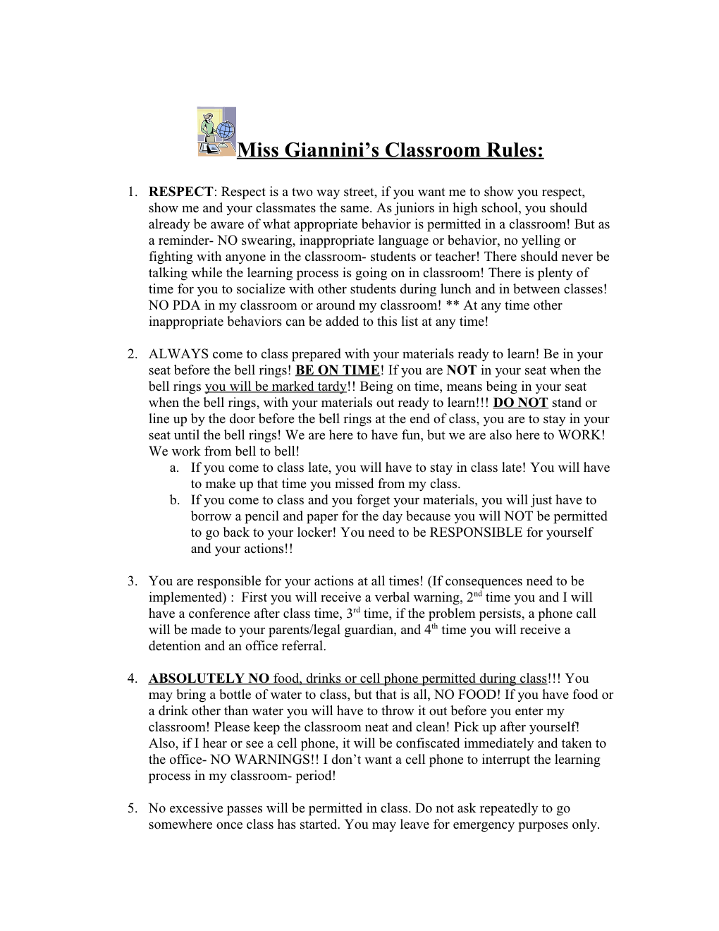 Miss Giannini S Classroom Rules