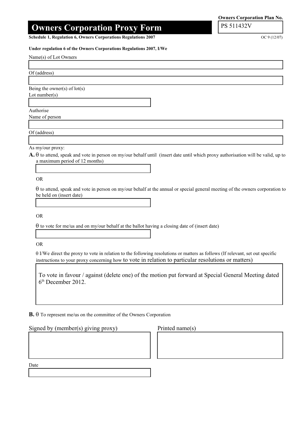 Owners Corporation Proxy Form