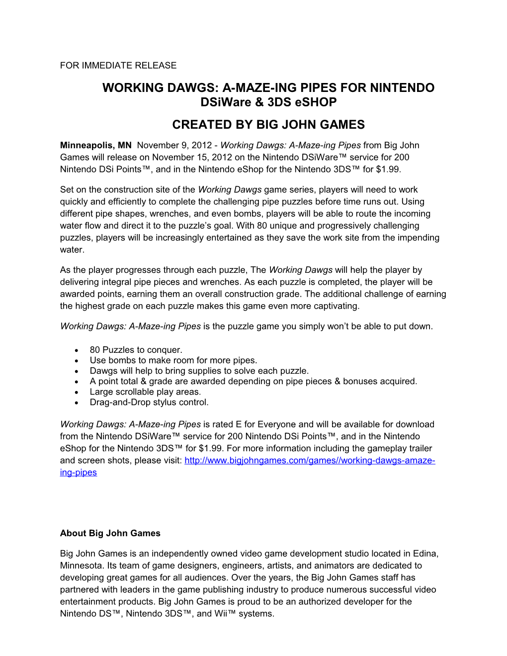 WORKING DAWGS: A-MAZE-ING PIPES for NINTENDO Dsiware & 3DS Eshop