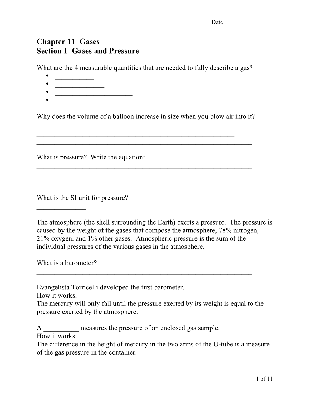 Section 1 Gases and Pressure