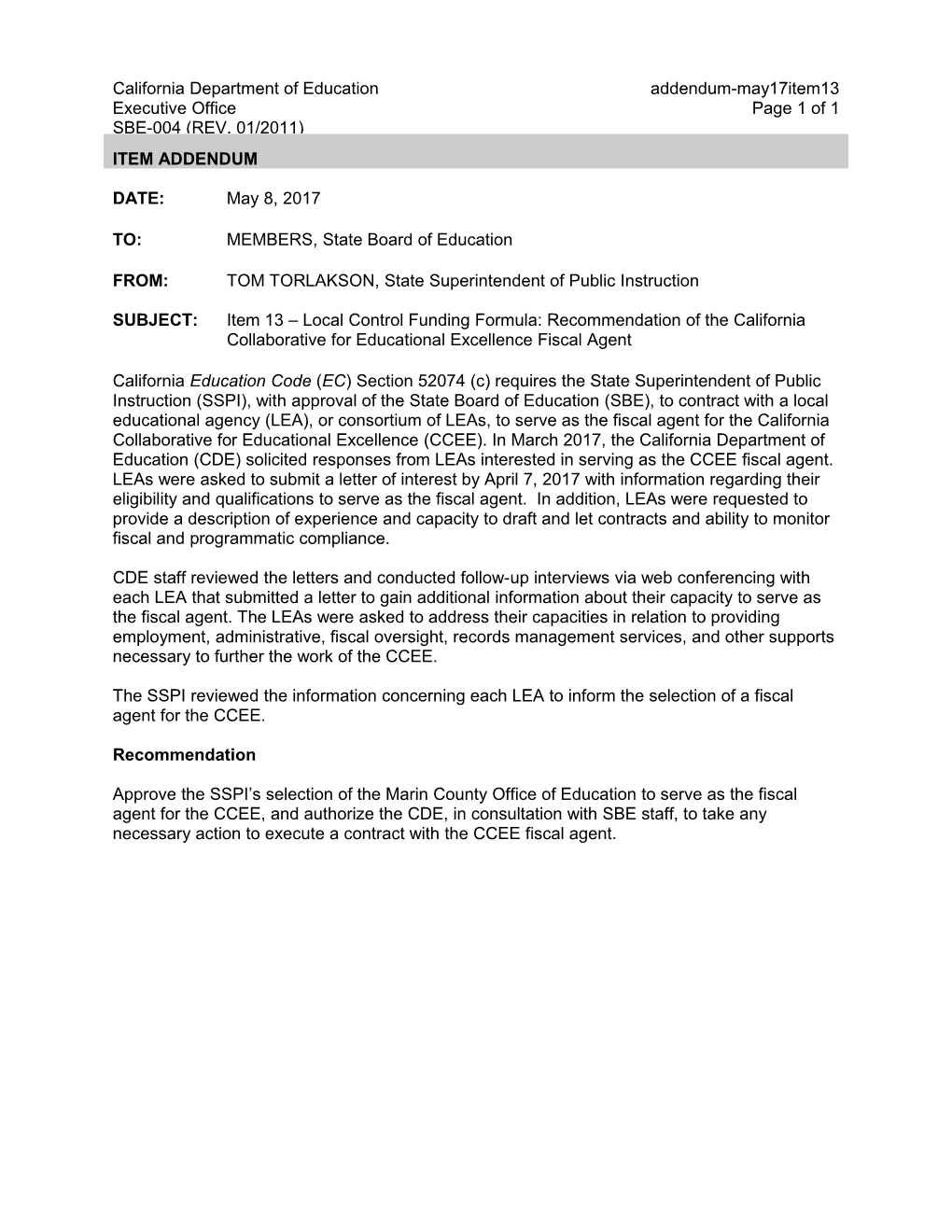 May 2017 Agenda Item 13 Addendum - Meeting Agendas (CA State Board of Education)