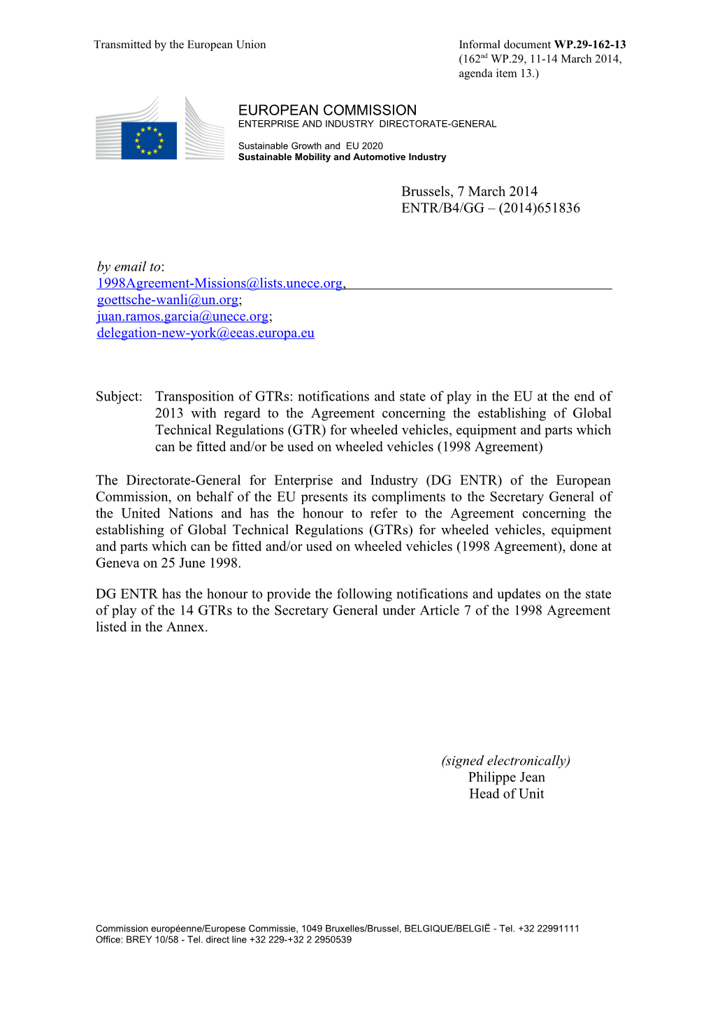 Subject: Transposition of Gtrs: Notifications and State of Play in the EU at the End Of