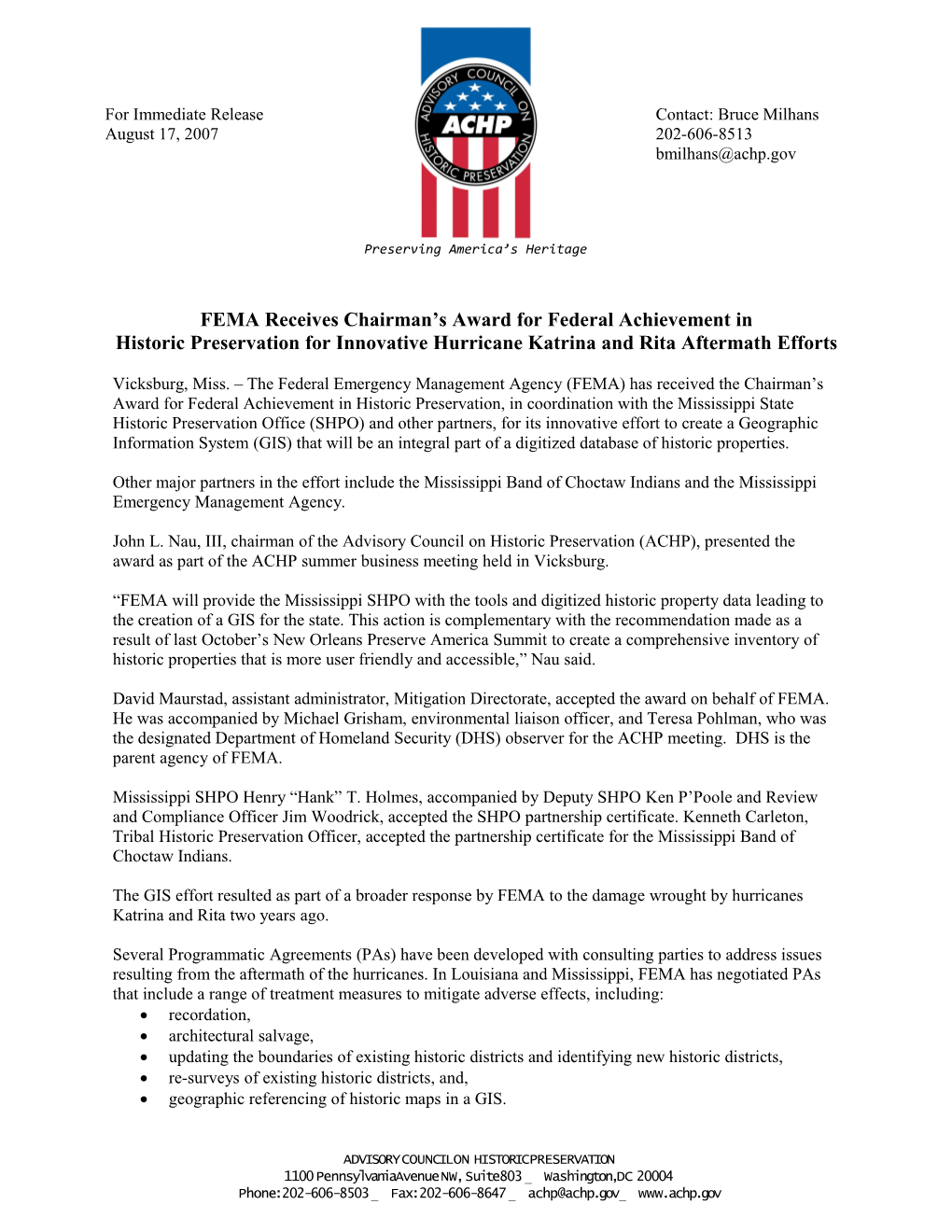 FEMA Receives Chairman S Award for Federal Achievement In