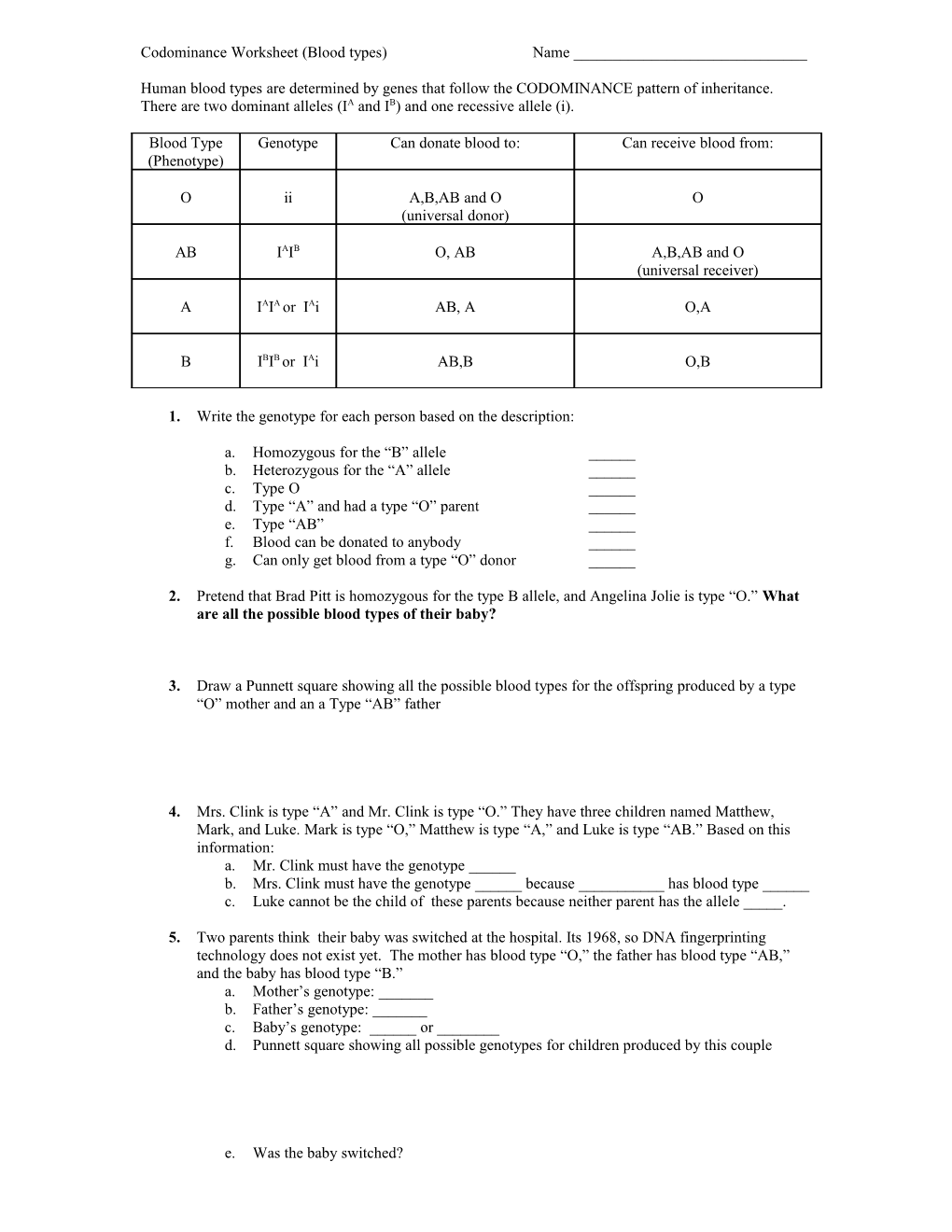 Codominance Worksheet (Blood Types)Name ______