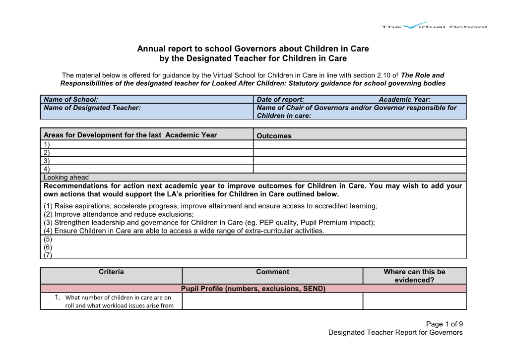 Annual Report to School Governors About Children in Care