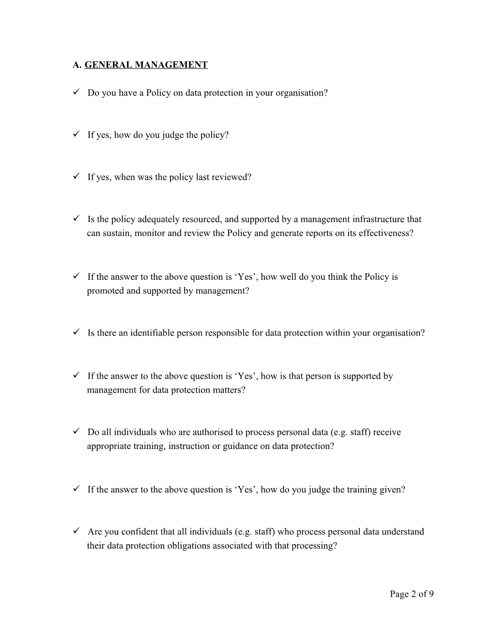 Self-Assessment Questionnaire: Compliance with Dataprotection Obligations When Processing