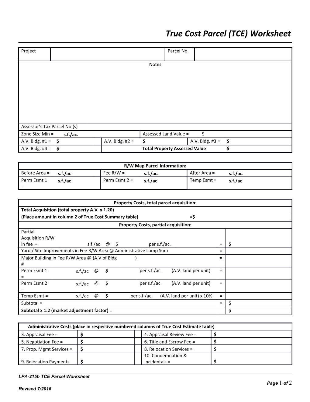 True Cost Parcel (TCE) Worksheet