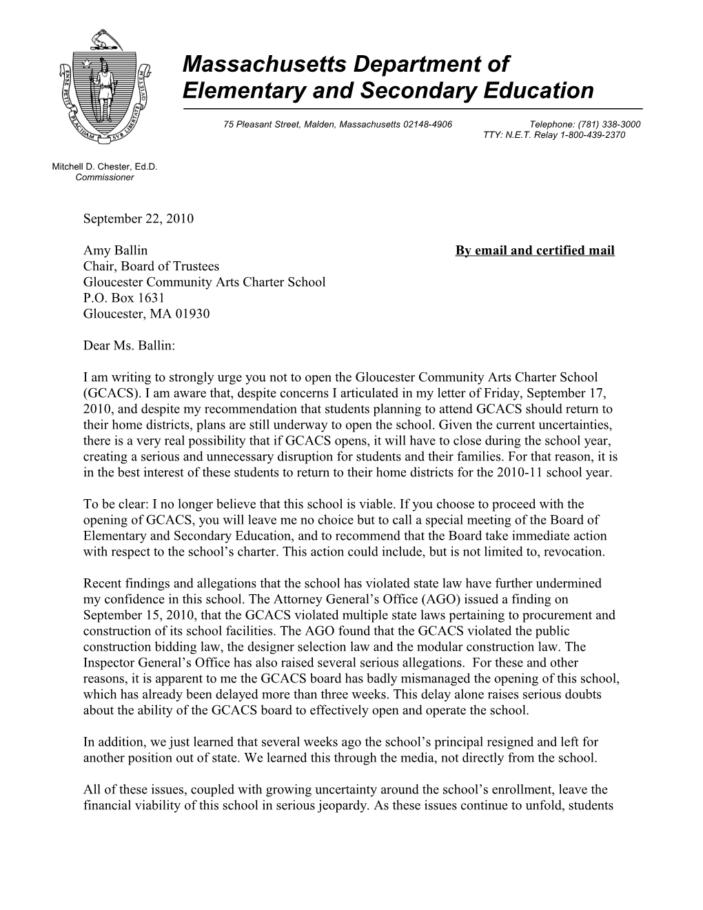 Commissioner's September 22 Letter to GCACS