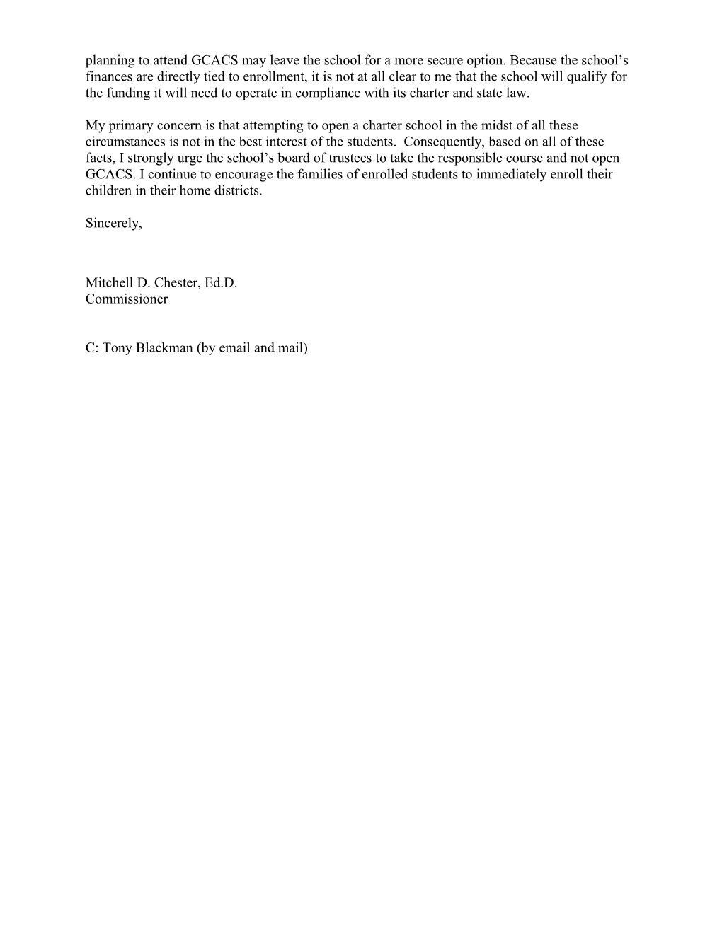 Commissioner's September 22 Letter to GCACS