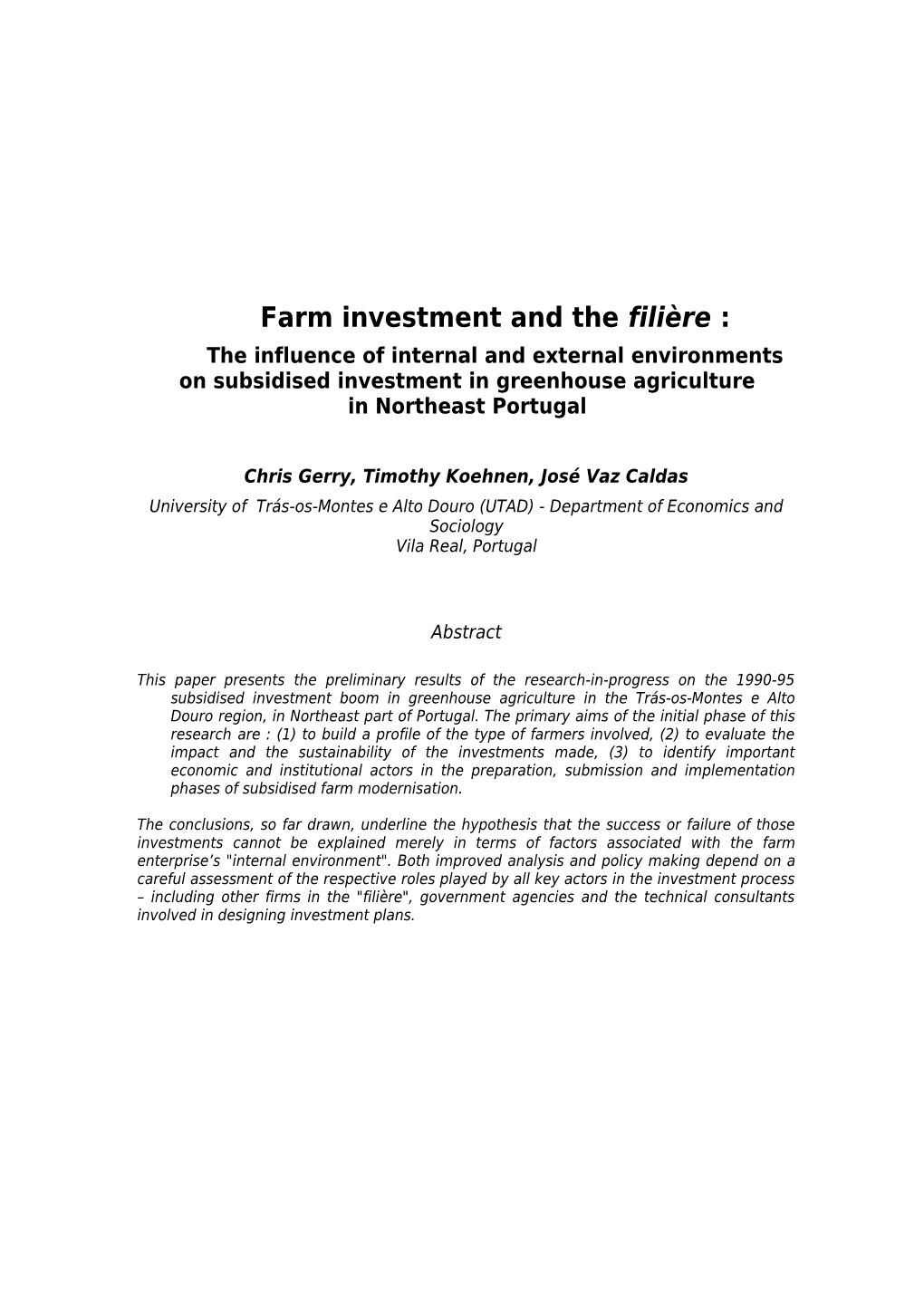 Farm Investment and the Filière
