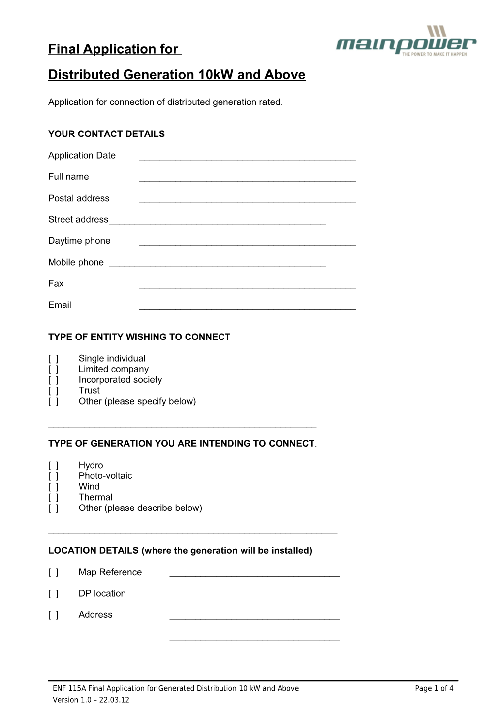 ENF 115 Initial Application for Generated Distribution 10 Kw and Above