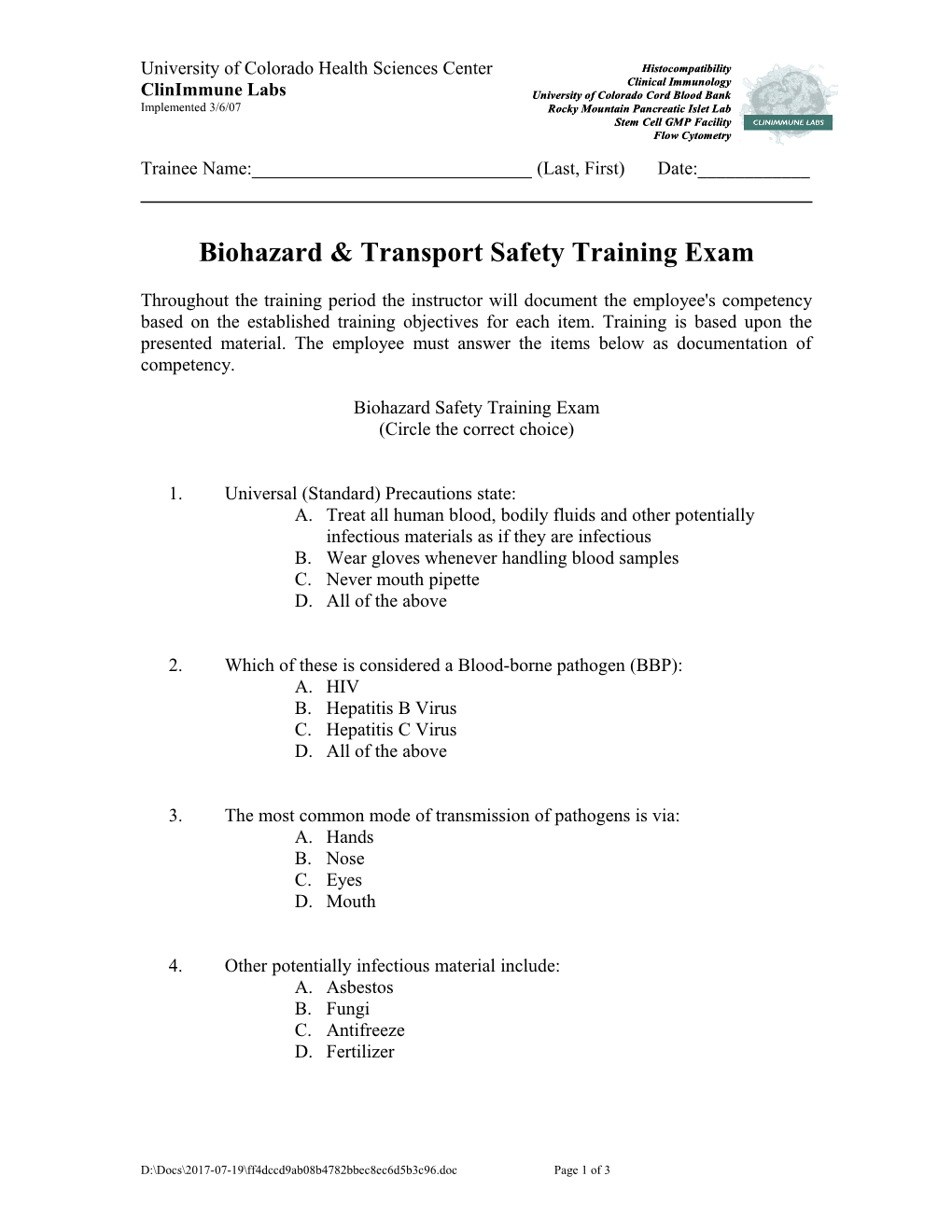 Biohazard Safety Training Exam