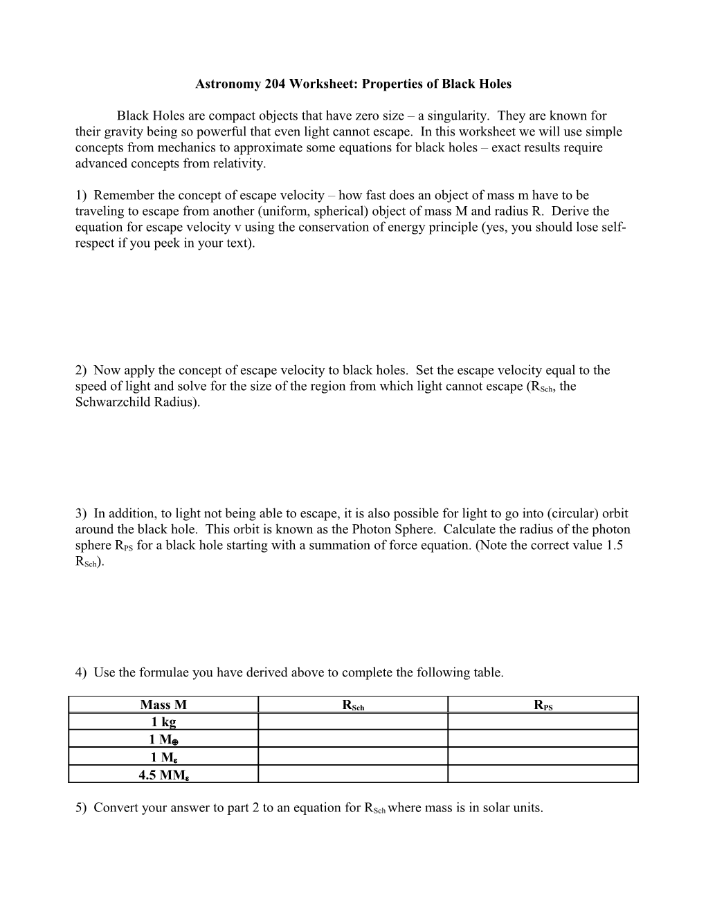 Astronomy 204 Worksheet: Properties of Black Holes