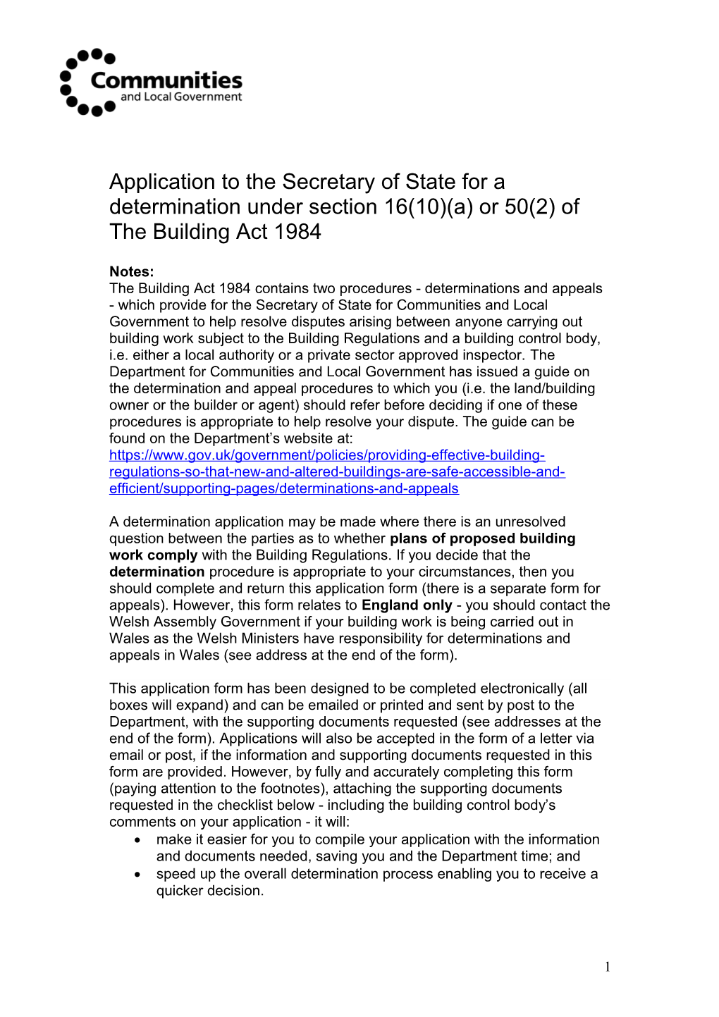 Application to the Secretary of State for a Determination